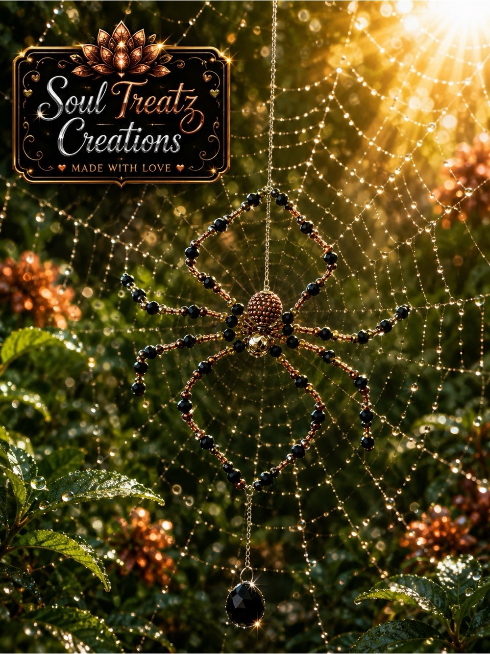 Black & Gold Beaded Crystal Spider Sun Catcher